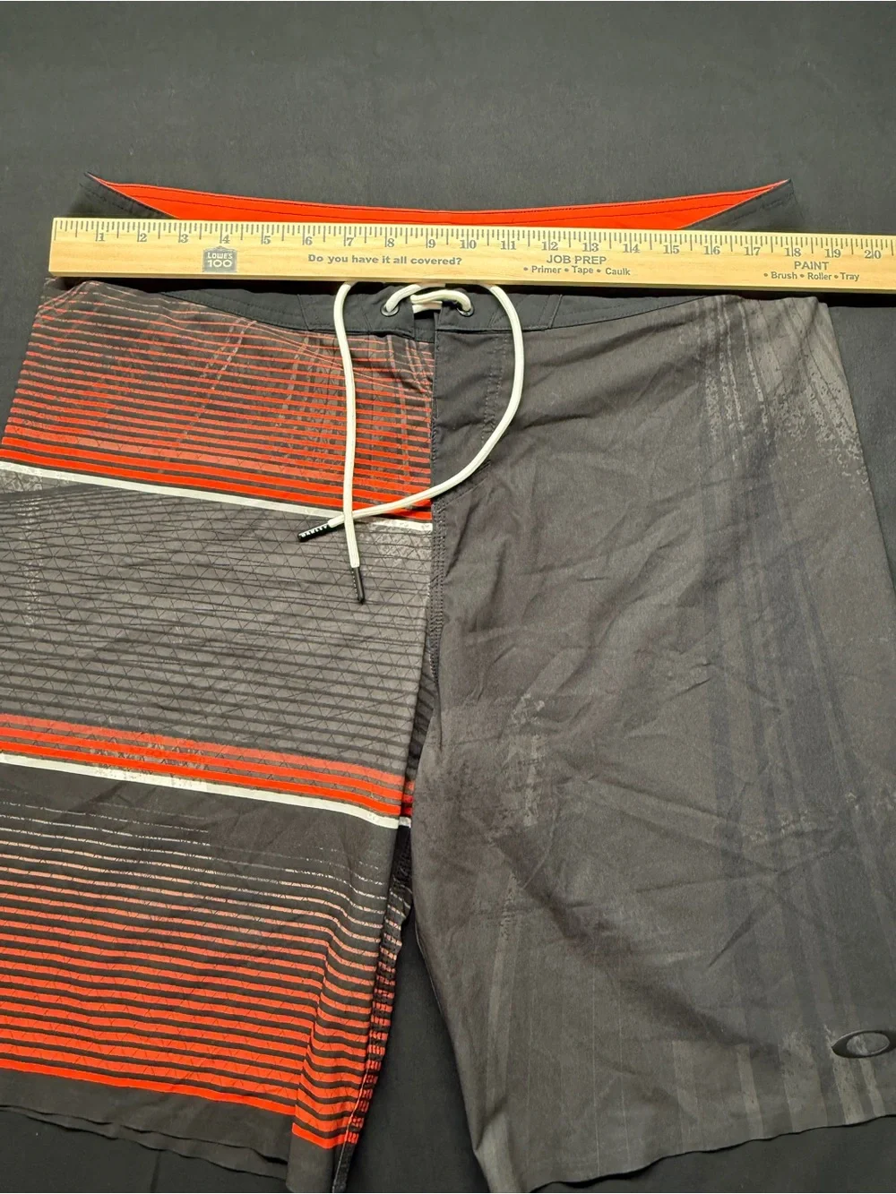 Oakley Gray & Red Striped Swim Board Shorts